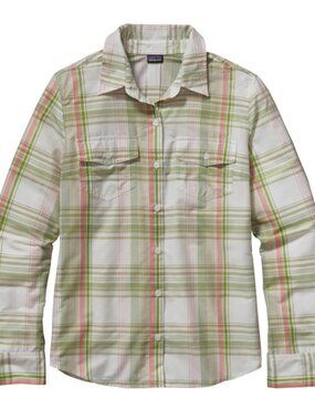 Patagonia Women's Long-Sleeve Pink and Green Plaid Self-Guided Sun Shirt Size 0